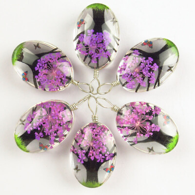 #ad 6Pcs Wrapped Crystal Glass Purple Dried Flower Oval Pendant Bead Q11951 $15.99
