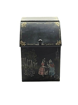 #ad Vintage Black Metal Hand Painted Box With Exquisite art $99.99