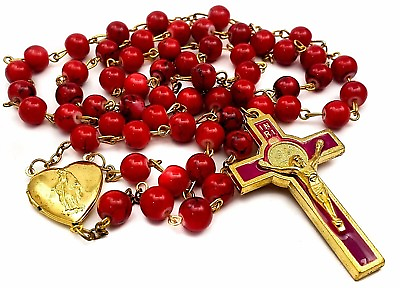 #ad St Benedict Rosary Catholic Necklace Red Glass Beads San Benito Medal amp; Cross $12.90