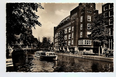 #ad POSTCARD Amsterdam canal boat Stadhuis Photo card 1950s? $1.45
