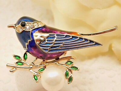 #ad COLORFUL ENAMEL BIRD ON A BRANCH BROOCH WITH FAUX PEARL ACCENT $10.00