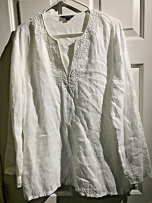 #ad Land#x27;s End Linen Tunic White Beaded V Neck Top Woman Large 14 16 $24.88