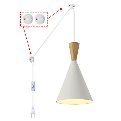 #ad White Wood Adjustable Height Pendant Wall Light Modern Industrial Plug in C... $69.90
