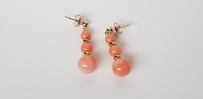 #ad Vintage 14K Solid Yellow Gold Natural Angel Skin Coral Dangle Pieced Earrings $135.00