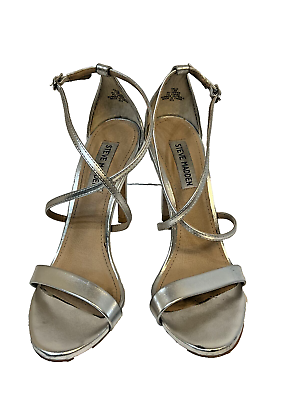 #ad Steve Madden Feliz Silver High Heel Sandals 7.5M 4 1 4quot; Strappy Stiletto EUC $19.99