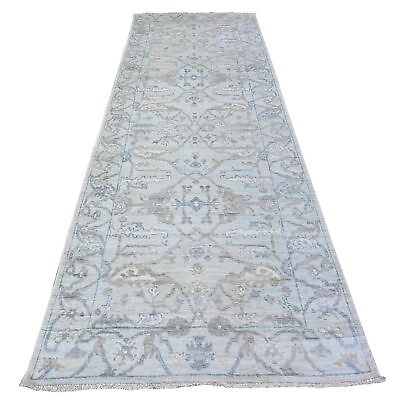 #ad 4#x27;x11#x27;10quot; Blue Oushak All Over Pattern Shiny Wool Hand Knotted Runner Rug R88529 $1089.00