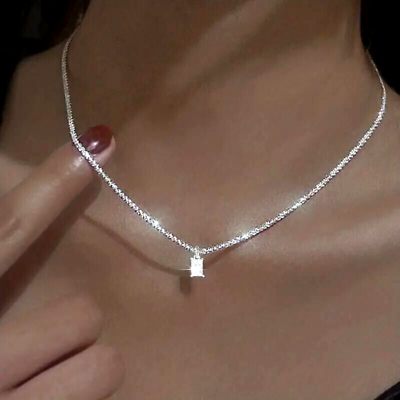 #ad Fashion Shiny Square Zircon Pendant Necklace Women Girls Clavicle Chain Jewelry $13.98