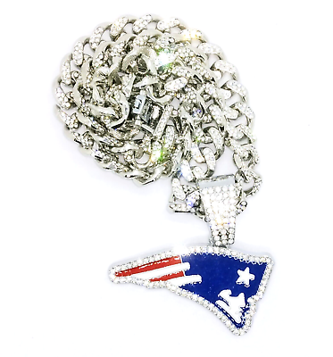 #ad NEW ENGLAND PATRIOTS GEM NECKLACE Silver Bling NFL Football Pendant amp; 20quot; Chain $18.95