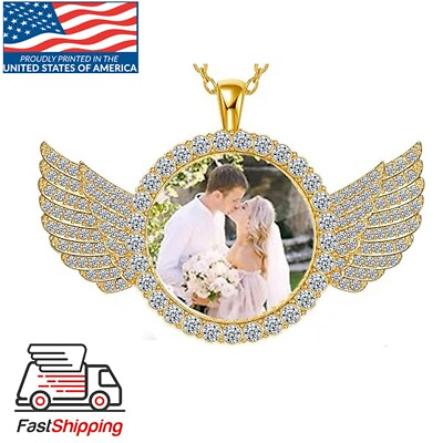 #ad Custom Photo Round Necklace with Angel Wings Gift Gold Plated Personalized Pic $18.99