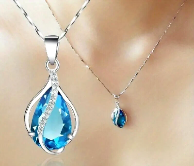 #ad Exquisite Silver Plated Teardrop Cut Artificial Gemstone Pendant Necklace Trendy $15.98