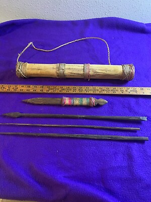 #ad vintage or antique tribal wooden hunting tools and quiver unknown origin $100.00
