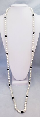 #ad White Lucite Faux Pearl Hand Knotted Bead Crystal Long 48.5 in Vintage Necklace $18.00