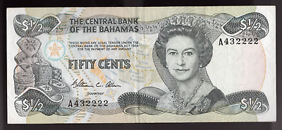 #ad 1974 Bahamas 1 2 Dollar Banknote Queen Elizabeth II Pic#42 FANCY SER# 43222 $22.00