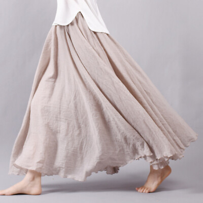 #ad Womens Lady Cotton Linen Pleated Maxi Long Beach Boho Skirt Vintage Casual Dress $19.99
