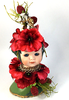 #ad Art Assemblage Handmade Porcelain Doll Red Poppies Flowers Berries 12 in $180.00