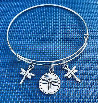 #ad Dragonfly Charms bright Silver Expandable Bangle Bracelet $3.99