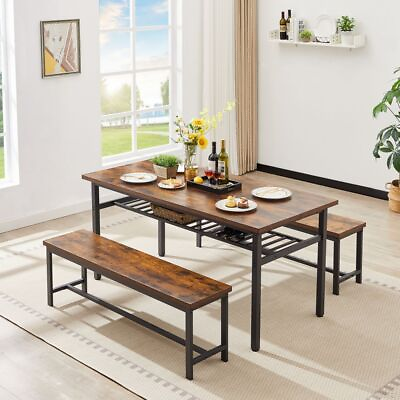 #ad 3 Piece Large Dining Table Set 67quot;Kitchen Table Set 2 Benches Metal Frame Brown $298.99
