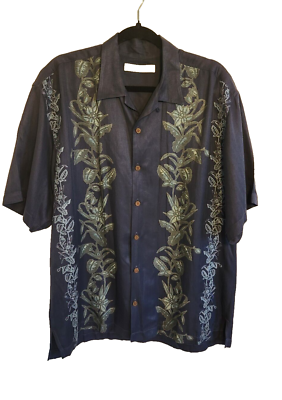 #ad Tommy Bahama Hawaiian Shirt Mens Large Navy Blue Silk Linen Floral Button Down $22.00