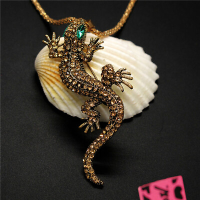 #ad New Crystal Champagne Navy Gecko Lizard Fashion Women Pendant Sweater Necklace $3.95