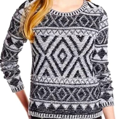 #ad Lucky Brand Black amp; Gray Boho Geometric Aztec Patterned Chunky Sweater $18.00
