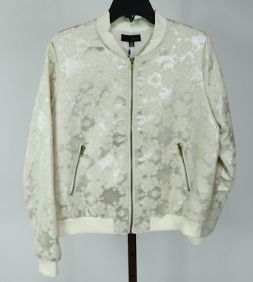#ad Womens Ladies Ivory Gold Metallic Zip Front Long Sleeve Jacket Size Medium NEW $19.99