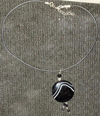 #ad Banded Black Onyx On Black Leather Choker Necklace artisan stone $18.00
