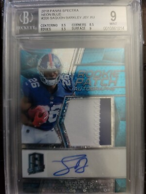 #ad Saquon Barkley 2018 Spectra Neon Blue #206 Rookie Patch Auto RPA SP 75 BGS 9 $159.00