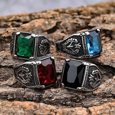 #ad Mens Green Black Blue Red CZ Aquamarine Square Stone Ring Size 7 15 Gift $10.99