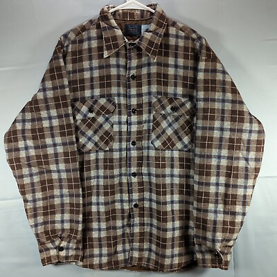 #ad Vintage Sears XL Flannel Shirt Mens Brown Plaid Windowpane Brown Quilt Lined USA $22.35