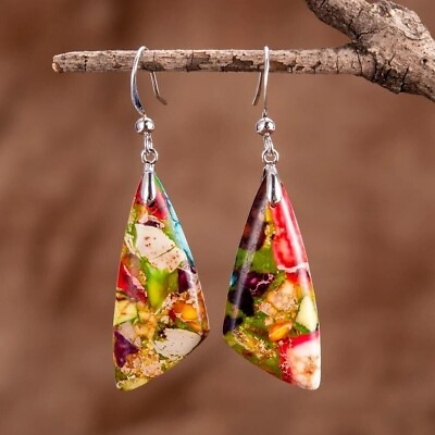 #ad Galaxy Sea Sediment Stone Earrings Colorful Natural Crystal Drop Earrings Gifts $11.99
