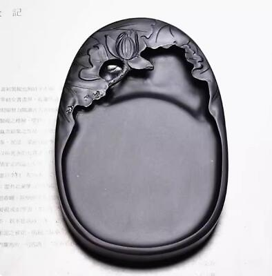 #ad 6quot; China Ink Natural Original Stone Hand carved Lotus Flower Inkstone Inkslab $75.00