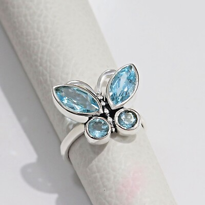 #ad Beautiful Blue Topaz Butterfly Ring Natural Marquise 925 Sterling Silver Size 8 $61.99