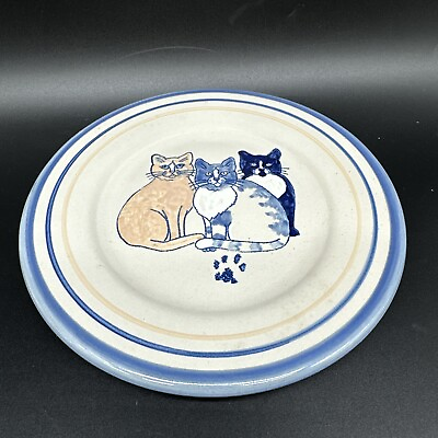 #ad Louisville Stoneware Salad Plate 8in 3 Cats Blue Edge Kentucky Gift Cottagecore $34.95