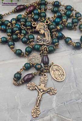 #ad Mother Mary Holy Birth of Jesus Christmas Green Jasper Vintage Bronze Rosary $159.00