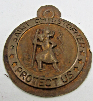 #ad Antique St Christopher Protect Us God Bless You German Pendant Charm Copper EL41 $26.50