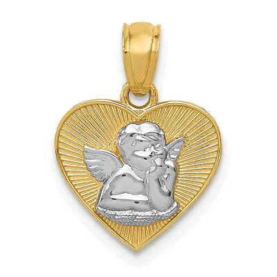 #ad 14K Gold with Rhodium Polished Guardian Angel in Heart Pendant 0.5 x 0.7 in $130.53