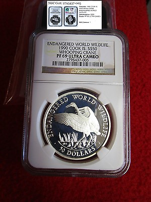 #ad 1990 COOK ISLANDS SILVER $50 WHOOPING CRANE NGC pcgs icg anacs PF69 pop 1 $335.15