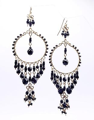 #ad #ad STUNNING Black Onyx Crystals Gold Filled Wire Cascading Chandelier Boho Earrings $27.99