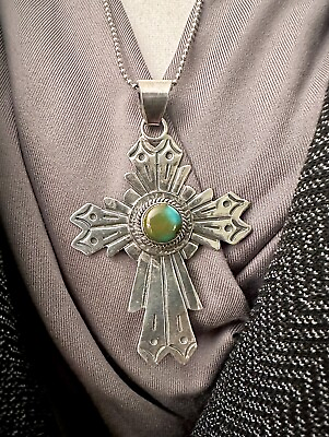 #ad Beautiful Vintage Turquoise Cross 925 Sterling Silver Necklace 24 In $85.00