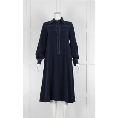 #ad CO Women#x27;s Navy White Stitching amp; Button Front Long Sleeves Midi Dress Size XS $88.00
