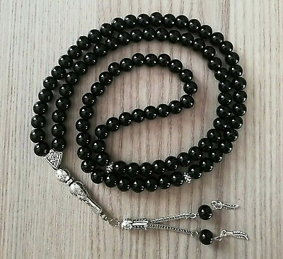 #ad Genuine Black Onyx Stone Islamic Prayer 99 beads Tasbih Misbaha Tasbeeh 8mm $29.99