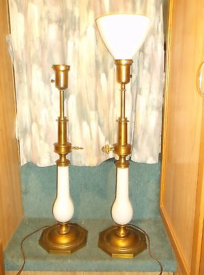 #ad Hollywood Regency Pair of 34 inch white opaline brass Stiffel Lamps $308.75