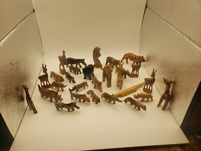 #ad Hand carved Wooden mini African jungle safari animals set of 29 $22.00
