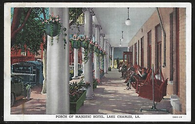 #ad Porch of Majestic Hotel Lake Charles Louisiana Early Postcard Unused $12.00