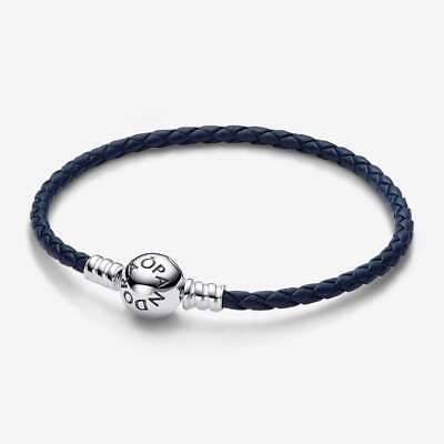 #ad *BRAND NEW* Pandora Moments Round Clasp Blue Braided Leather Bracelet 592790C01 $57.00