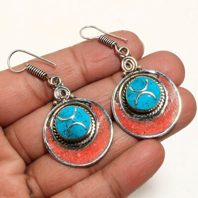 #ad Tibetan Turquoise Coral Silver Plated Drop Dangle Nepali Earrings 2.30quot; PG 5003 $7.91