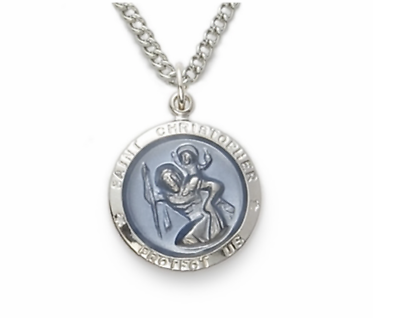 #ad STERLING SILVER ROUND BLUE INLAY ST. CHRISTOPHER MEDAL NECKLACE amp; CHAIN $79.99