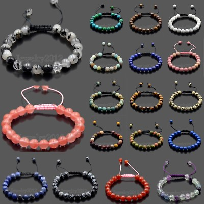 #ad 8mm Gemstones Bead Yoga Energy Reiki Natural Stone Tassel Braided Rope Bracelets $3.66
