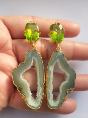 #ad Druzy Slice Gold Plated Earrings Chandelier Gemstone Peridot Green Stud Jewelry $25.35