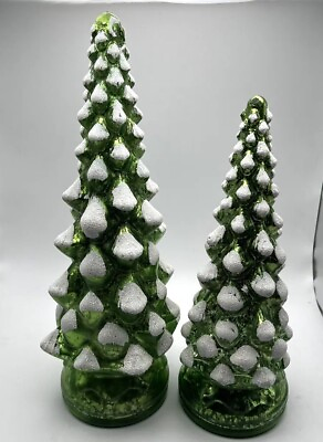 #ad Two Light Up Green Glass Christmas Tree Silver Glitter Tips 12quot; and 10quot; $99.00